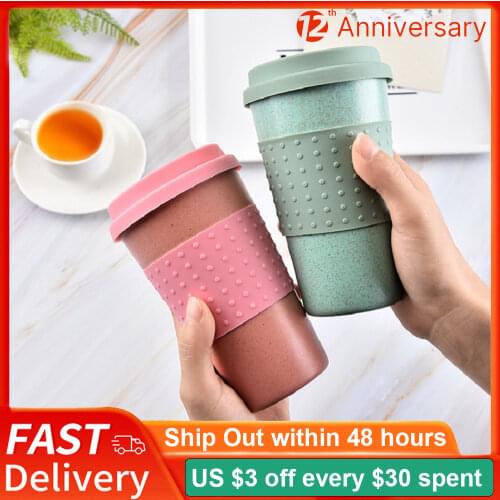 350ml Wheat Straw Mug Office With Lid Water Bottle Tumbler Tea Juice Cup Silicone Cover Cup Environmental Protection Anti-Fall