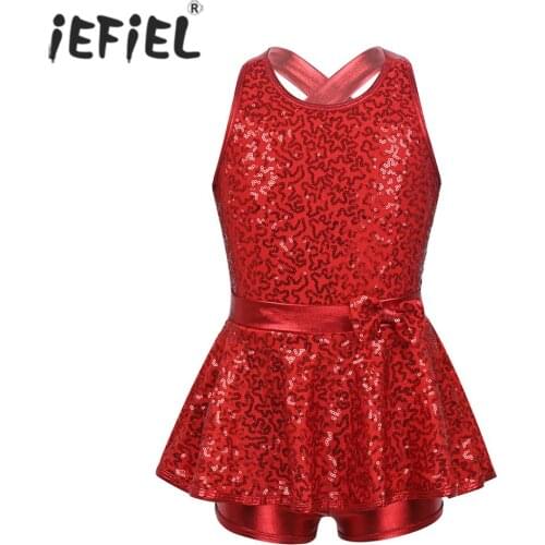 IEFiEL Kids Sleeveless Sequined Dancewear Gymnastics Leotard Girls Ballet Figure Skating Dress Modern Rave Jazz Dance Costume