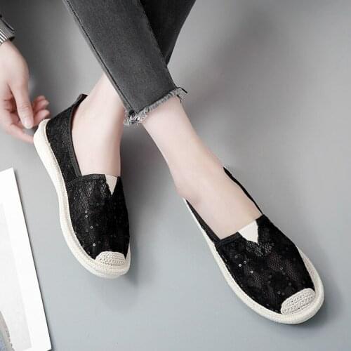 QWEDF Summer Lace Shoes Women Casual Fisherman Flats Ladies Hollow Breathable Air Mesh Lightweight Soft Sequins A10-63