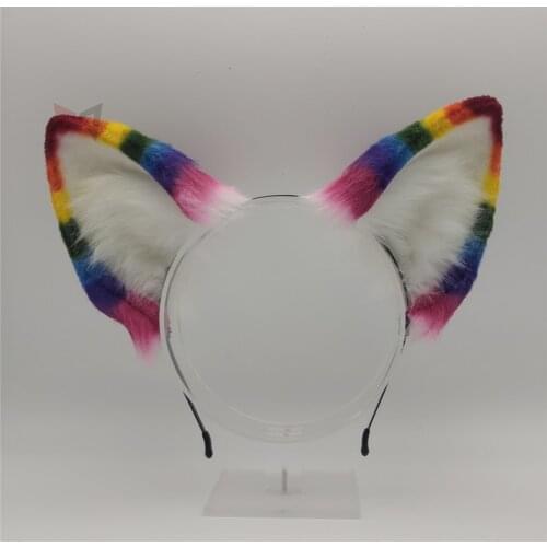 New Rainbow seven colors Fox Cat Ears Hair Hoop Tail Hand Made Work For KC Cosplay Party Game Costume Accessories Custom Made