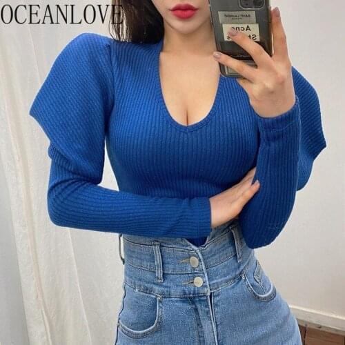 OCEANLOVE Korean Vintage Elegant Knitted Pullover Autumn Sexy U Neck Slim Bodycon Puff Long Sleeve Tops Fashion Woman Sweaters