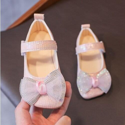 Autumn Girls Leather Shoes Fashion Sequins Bow Kids Princess Shoes Flat Heels Girls Dress Shoes Solid Color SP122