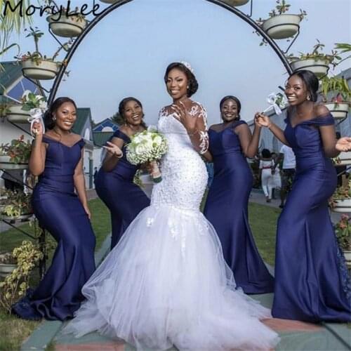 Bridesmaid Dresses Navy Blue Off The Shoulder Mermaid Satin Pleated Mermaid Bridesmaid Dresses Wedding Party Bridemaid Gowns