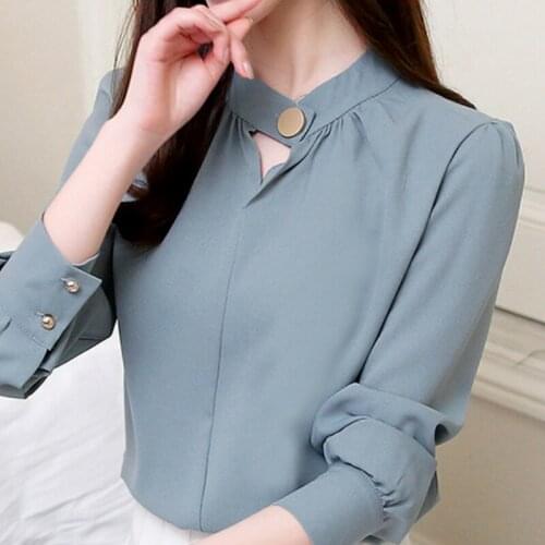 Long Sleeve Women Blouses Shirts V-neck Office Blouse Blue Chiffon Blouse Shirt Tops Blusas Mujer De Moda 2021 Blouse Women A415