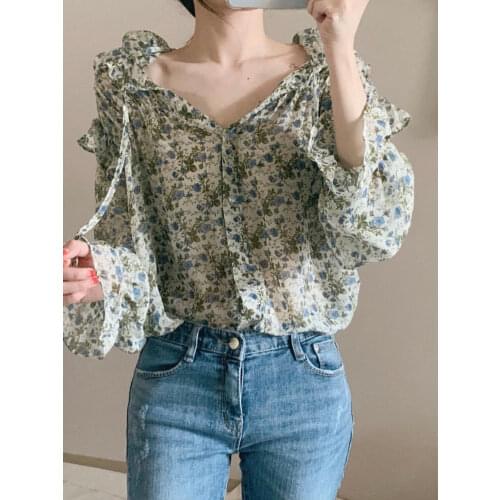Plus Size Loose Tops Summer Flare Sleeve Cute Sweet Preppy Style Japan Korean Floral Print Chiffon Blouse Single-Breasted Shirt