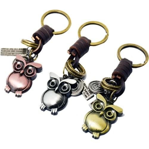 Vintage Antique Bronze Cute Owl Key Chains Braided Cowhide 3 Color Red Copper Punk Key Rings Men Jewelry Souvenir