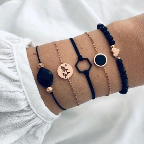 5 Pcs/Set Vintage Bracelets Women Exquisite Gem Map Heart Beaded Geometric Gold Chain Bracelet Set Bohemian Beach Jewelery