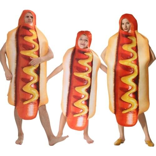 Adult Kids Funny 3D Print Food Sausage Hot Dog Costumes Halloween Men Women Family One-Piece Pizza Costume Carnival Food Costume