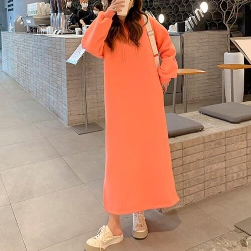 WKFYY Women Causal Cotton Solid Hooded Collar Draw String Raglan Sleeve Pullover Loose Thick Straight Long Hoodie Dress H4001