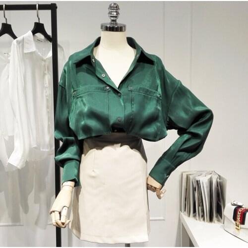 2021 Spring New Women Shirts V-Neck Button Pocket Lantern Sleeved Solid Office Lady Elegant Shirts Outwear Coat Tops