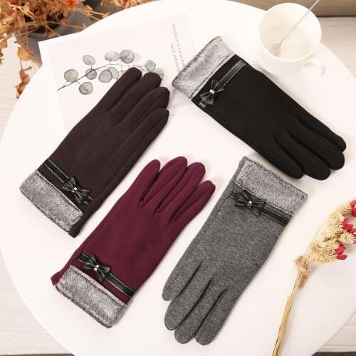 Female Cute Bow Embroidery Thin Plus Velvet Touch Screen Driving Mittens Winter Women Outdoor Cashmere Warm Cycling Gloves