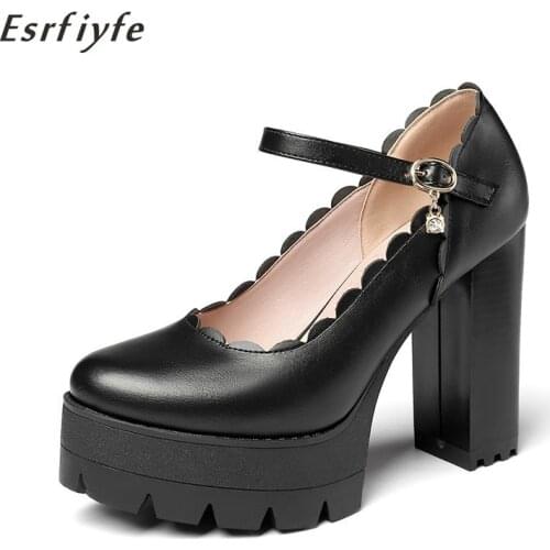 ESRFIYFE 2021 New Spring Autumn Casual High-heeled Shoes Women Sexy Thick Heels Platform Pumps Buckle Black White Large Size 43