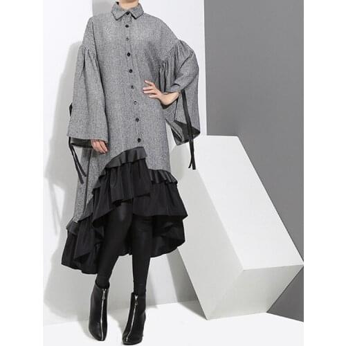 Johnature 2021 Winter New Women Shirt Dress Gray Patchwork Flare Sleeve Loose Fashion Women Cloths High Quality Dresses