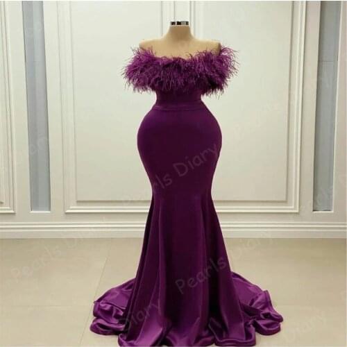 2021 Chic Feather Evening Dresses Sexy Strapless Purple Mermaid Prom Gown Custom Made Sweep Train Formal Pageant Robe De Mariée