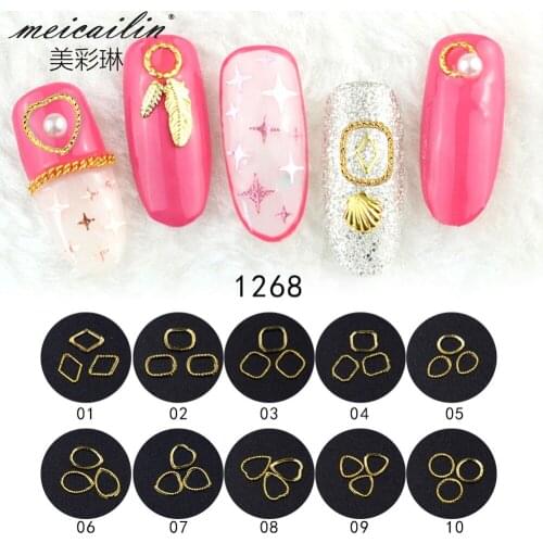 10Pcs/Lot Japanese Gold Metal Frame Round Oval Hollow Square Rivet Studs 3D Alloy Nail Art Decorations Nails Charms Accessories