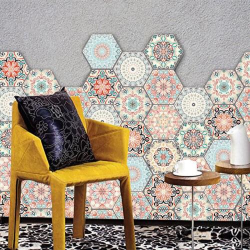 10Pcs Moroccan Style Self-Adhesive Tiles Stickers Hexagonal Ethnic Mandala Style Bathroom Kitchen Floor Wall Tiles Stickers