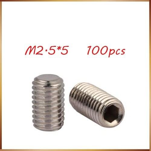 100Pcs DIN913 M2.5*5mm 304 Stainless Steel Metric Thread Grub Screws Flat Point Hexagon Socket Set Screws Headless M2.5x5 mm
