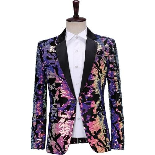 Shiny Purple Sequin Glitter Dress Blazer Men Nightclub Stage One Button Mens Suit Jacket Wedding Party Prom Blazer Masculino 2XL