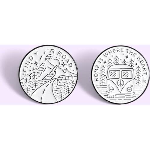 New Cartoon Landscape Train Find Your Road Brooch Round Enamel Pins HOME IS WHERE THE HEART IS Wanderer Traveler Brooch Badge