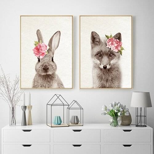 Flowers Fox Fawn Rabbit Minimalist Canvas Painting Woodland Animal Posters and Prints Nursery Wall Art Pictures for Home Decor