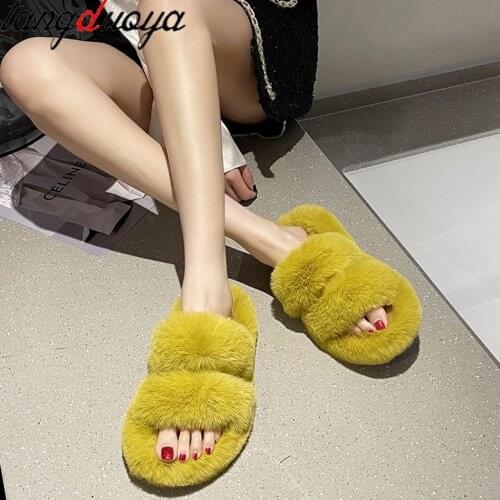 Indoor Women Fur Slippers Fluffy Soft Furry Slides Thick Flats Heel Non Slip House Shoes Ladies Luxury Design Footwear Whosale