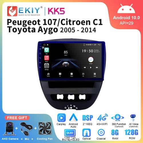 EKIY Android 10.0 Car Radio For PEUGEOT 107 Citroen C1 Toyota Aygo 2005 - 2014 GPS Navigation QLED 1280*720P Multimedia Player