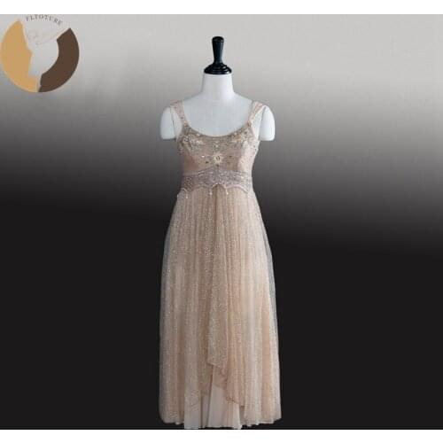 FLTOTURE AT1295 Professional Dance Long Skirt 2 Layers Soft Tulle Skirts Gold Color Modern Dance Long Dresses Ballet Costumes
