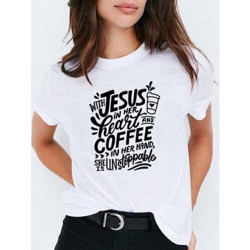 With Jesus In Her Heart and Coffee In Her Hand Women Christian Faith God Harajuku T Shirt Aesthetic Graphic Tees Clothes T-shirt