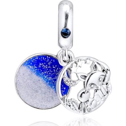 Blue Enamel Fox & Rabbit Dangle Silver 925 Charms for Jewelry Making Sky Moon & Stars Charms for Chain Bracelets Women Jewelry
