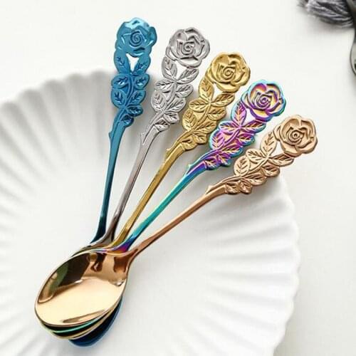 Stainless Steel Gold-plated Western Tableware Spoon Rose Handle Coffee Spoon Teaspoon Kitchen Stirring Spoon Drinking Tool