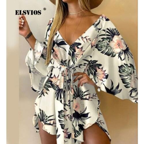 Sexy V Neck Bat Wrist Sleeves Irregular Mini Dress Fashion Autumn Women Casual Lace-up Printed Short Dress Slim Elegant Vestidos