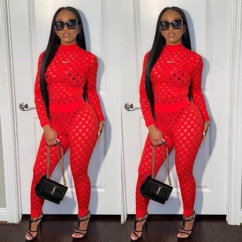 Fashion See Through Hollow Out Sexy Zipper Jumpsuit Women Turtleneck Net Plaid Hole Skinny Elastic Club Streetwear Rompers