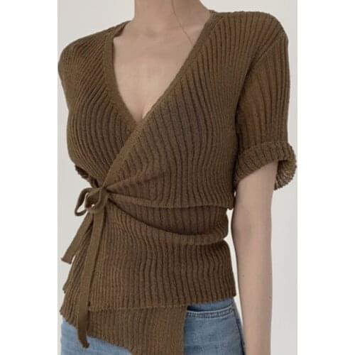 2021 Korean Fashion Sweater Sexy Cross Strap V-Neck Pullover Top Solid Knitted Warm Top Short-sleeved Loose Sweater New 16139