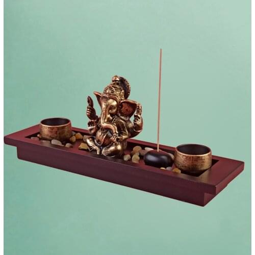 Resin Ganesha Statue Wood Base Home Office Desktop Decorations Success