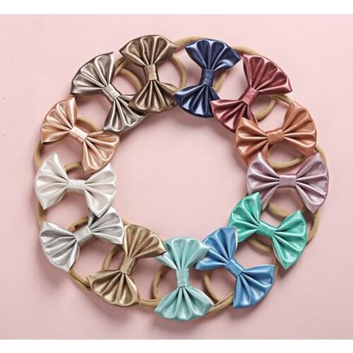 Bulk 36pc/lot 3" Faux Leather Bows Nylon Headband,Newborn Kids Hair Bows With Clips Hairpins Baby Girls Pu Leather Bow Headband