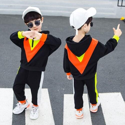 Autumn Casual Kids Boys Sport Wear 2 Piece Set Color Splicing Hooded Sweatshirt+Sweatpants Sport Suit Children Tracksuit 24M-8T