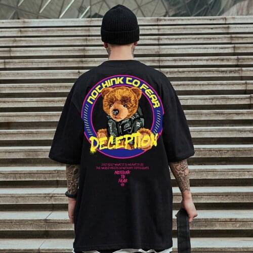 ZAZOMDE Hip Hop Streetwear T-Shirt 2021 Men Painting Bear Print Tshirt Harajuku Cotton Casual Short Sleeve T Shirt Black White