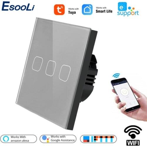Esooli Crystal Glass Panel WIFI Smart Touch Switch 3 Gang APP Wireless Remote Light Wall Switch Works With Alexa / Google Home
