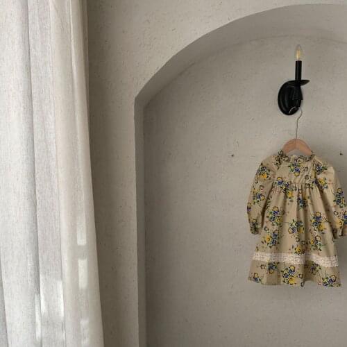 Toddler Girls Vintage Cotton Dress Lace Ruffles Collar Baby Kids Clothes Spring Long Sleeve Infant Children Casual Floral Dress