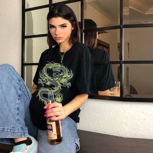 Vintage summer new dragon print casual fashion punk large size hip hop women short sleeve top tees loose goth streetwear T-shirt