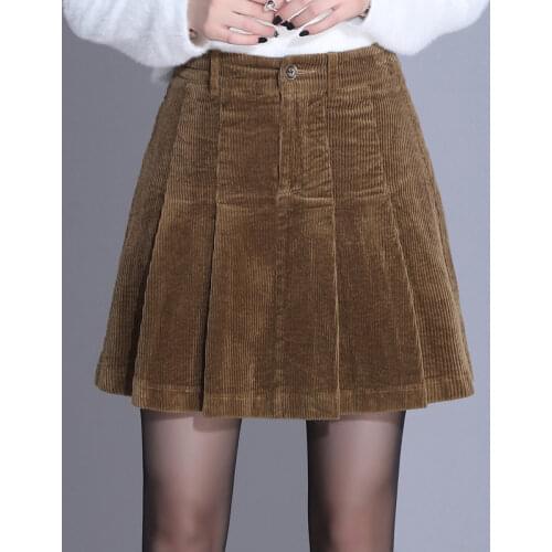 2020 Winer Fall Lady Women High Waisted Black Brown Pleated Mini Skirt , Autumn SpringKorean Woman 4xl Corduroy Skirts