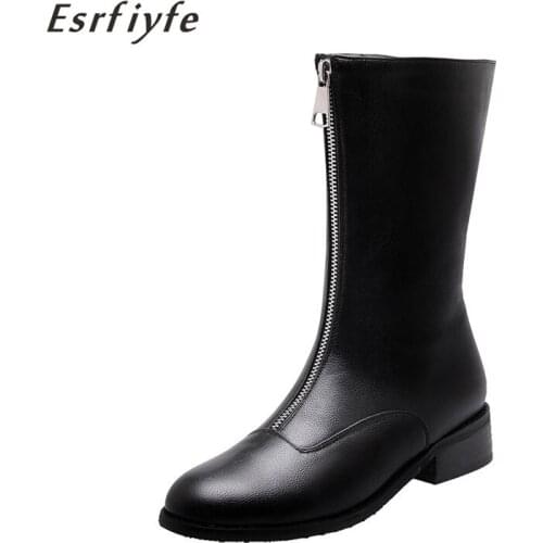 ESRFIYFE 2020 New Women Ankle Boots Front Zipper Round Toe Chunky Med Heels Combat Rock Gothic Short Boots Autumn Winter Shoes