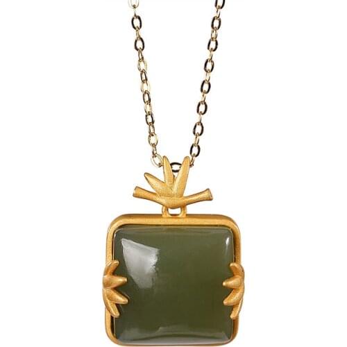 S925 sterling silver gold-plated natural Hetian gray jade pendant retro elegant bamboo leaf Lady pendant