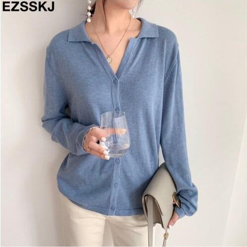 2020 casual Women Sweater turn-down collar Knitted Cardigan Long Sleeve Loose Spring Sweater Cardigan female Basic Jacket