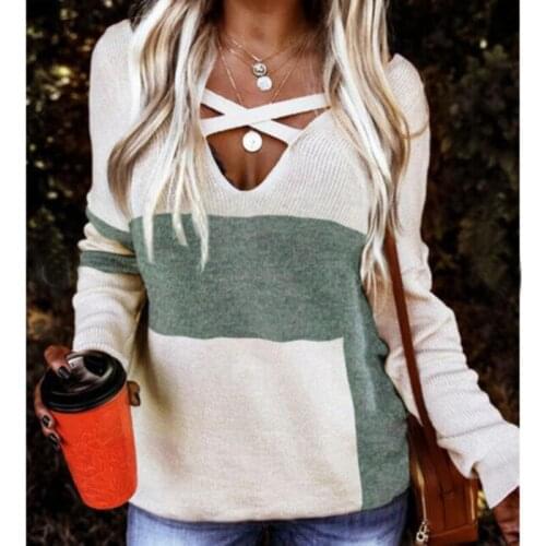 Women Gentle OL Elegant Patchwork Solid Color Lady Pullover Sweater 2021 Autumn Winter V-neck Large Size Women Knitted Pullovers