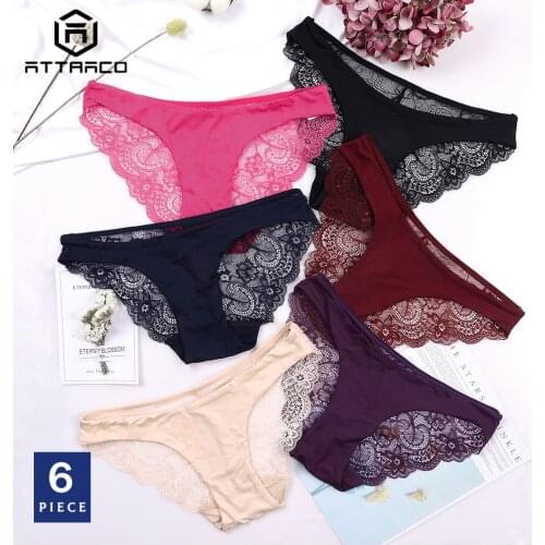 ATTRACO Womens Lace Edge Underwear String Panties Tanga Thong Briefs Cotton Crotch 6 Pack Breathable Transparent Tempting Sale