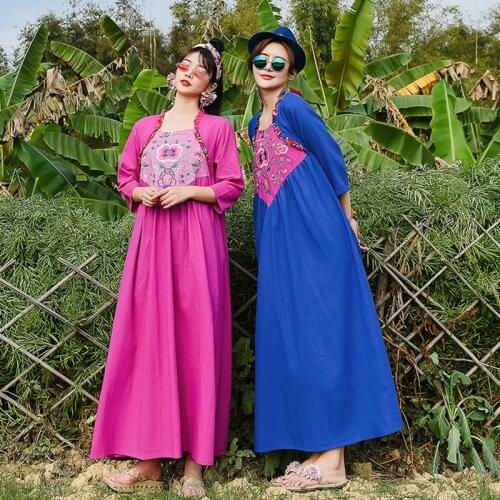 2021 New Spring Autumn Cotton Linen Vintage Floral Embroidery Woman Dress Vestido De Mujer Retro Robe Dresses For Women 12048