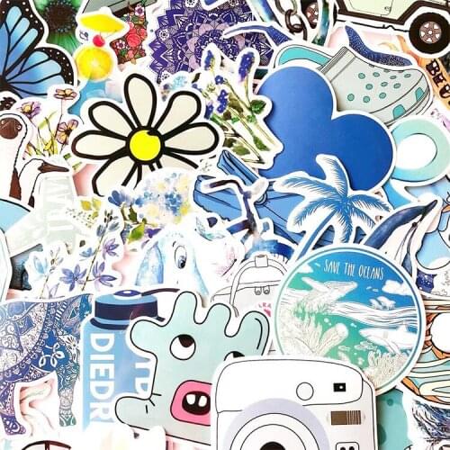 10/30/50pcs Blue Fresh Literary Luggage Pencil Cases Walls Floors Helmets Sticker Guitar Fridge Glasses Cups Decals