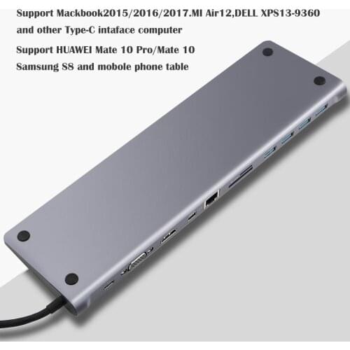 12 in 1 USB C to 3.0 USB-C HDMI RJ45 LAN VGA PD DP Stereo Micro SD Card Reader Adapter for MacBook Samsung Huawei Mate 10 Type C