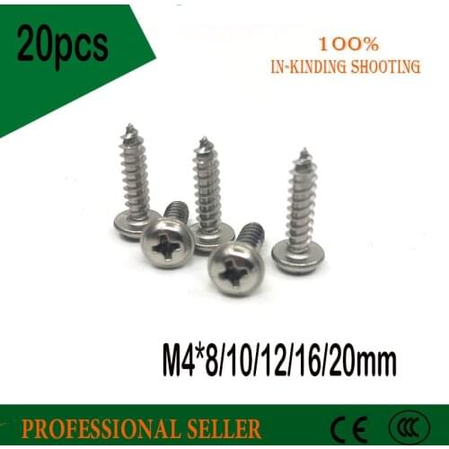 20pcs M4*8/10/12/16/20mm 304 stainless steel Cross Round Head Self Tapping Screw With Pad Pan Head Tapping Screws